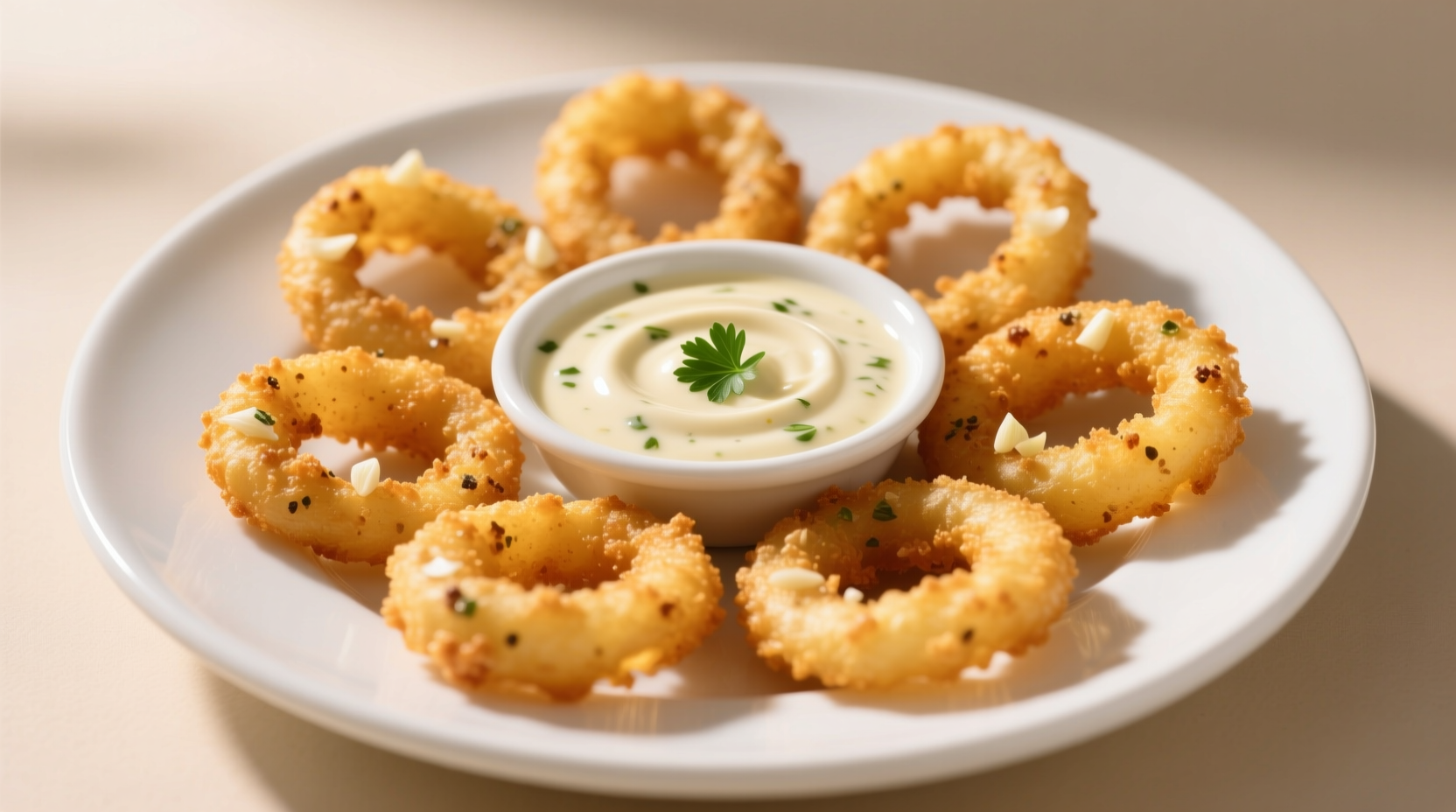 Golden McCain onion rings on white plate with dipping sauce
