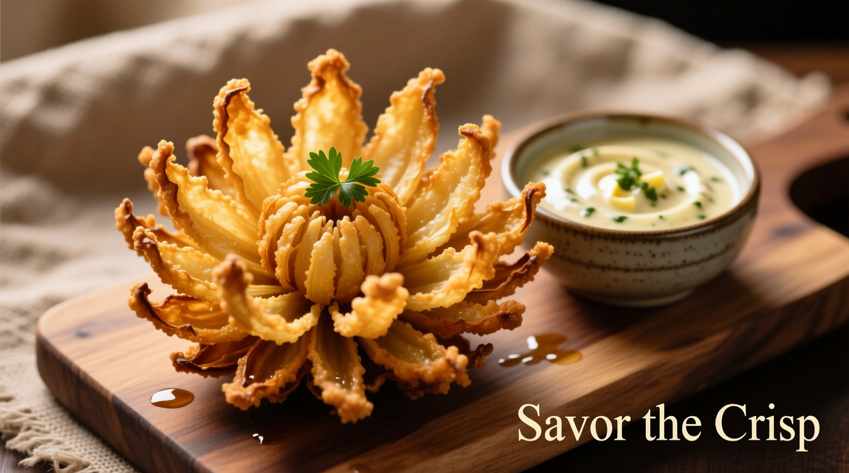 Golden fried blooming onion with dipping sauce