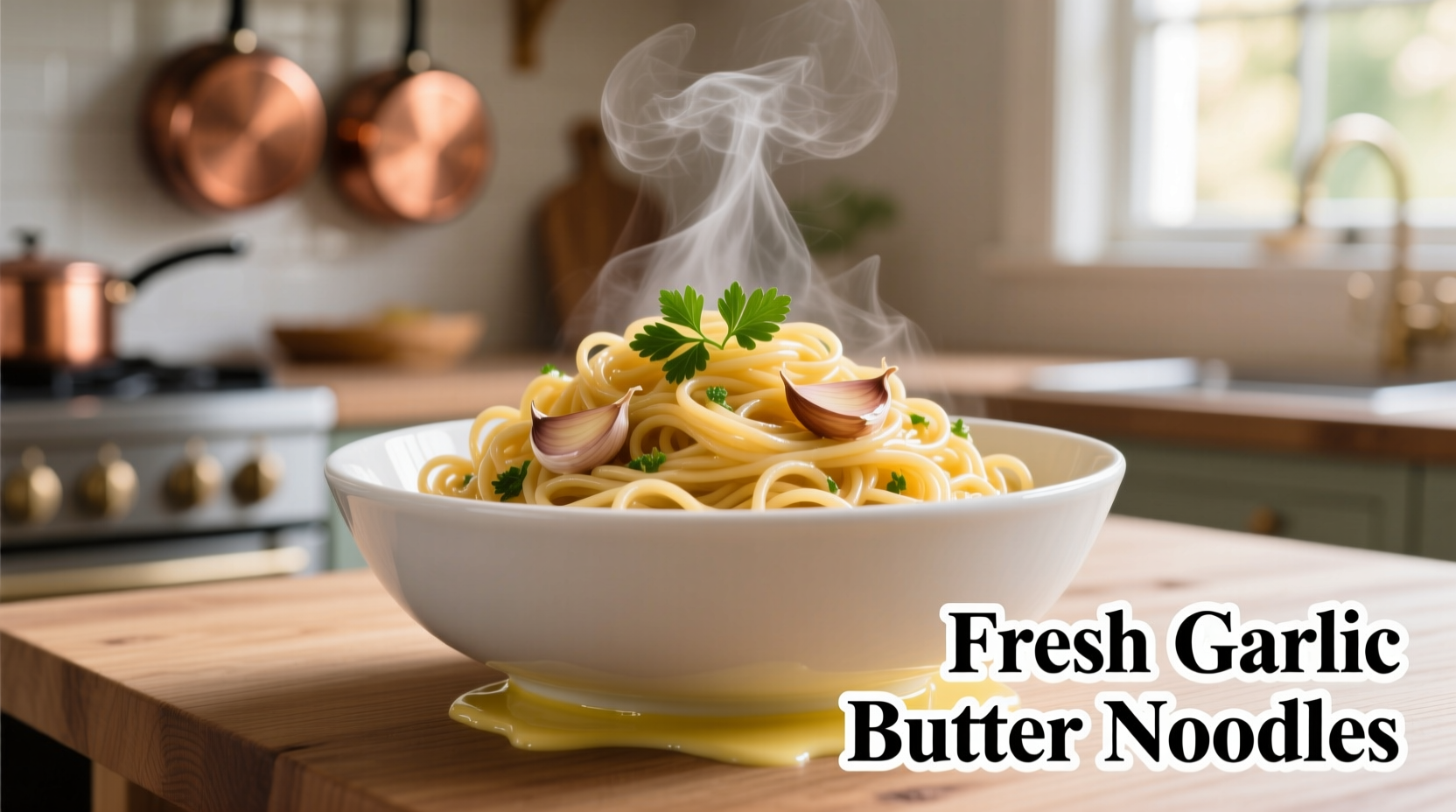 Freshly cooked garlic butter noodles in a white bowl