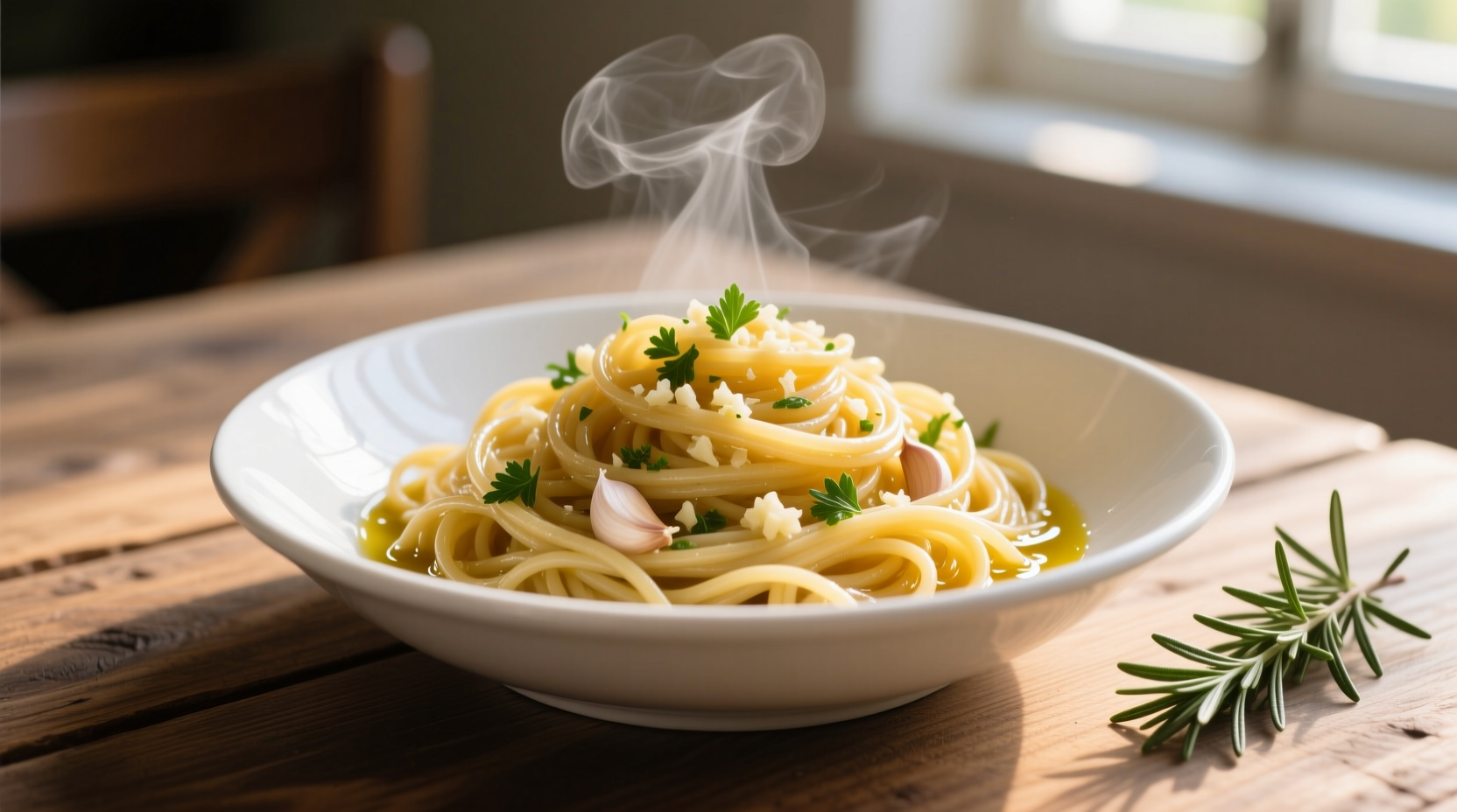 Freshly cooked garlic pasta in white ceramic bowl