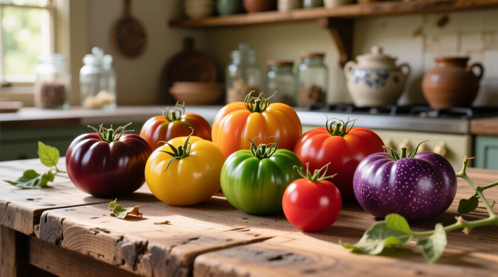 Colorful assortment of heirloom tomato varieties on wooden table