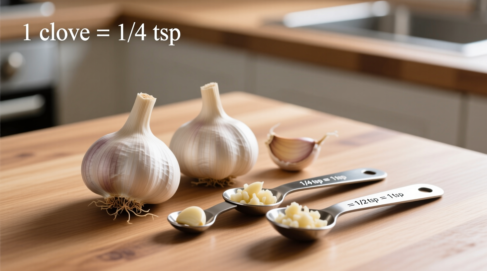 Three garlic cloves next to measuring spoons showing conversion