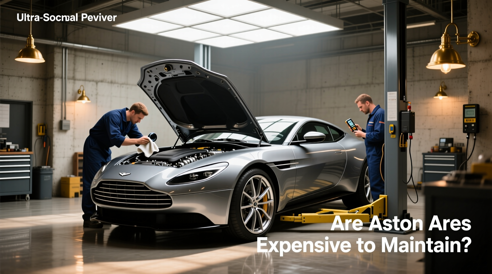 Aston Martin luxury sports car undergoing servicing with technician inspecting engine bay