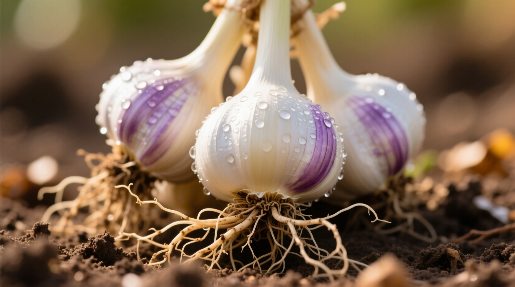 Close-up of healthy garlic bulbs with roots