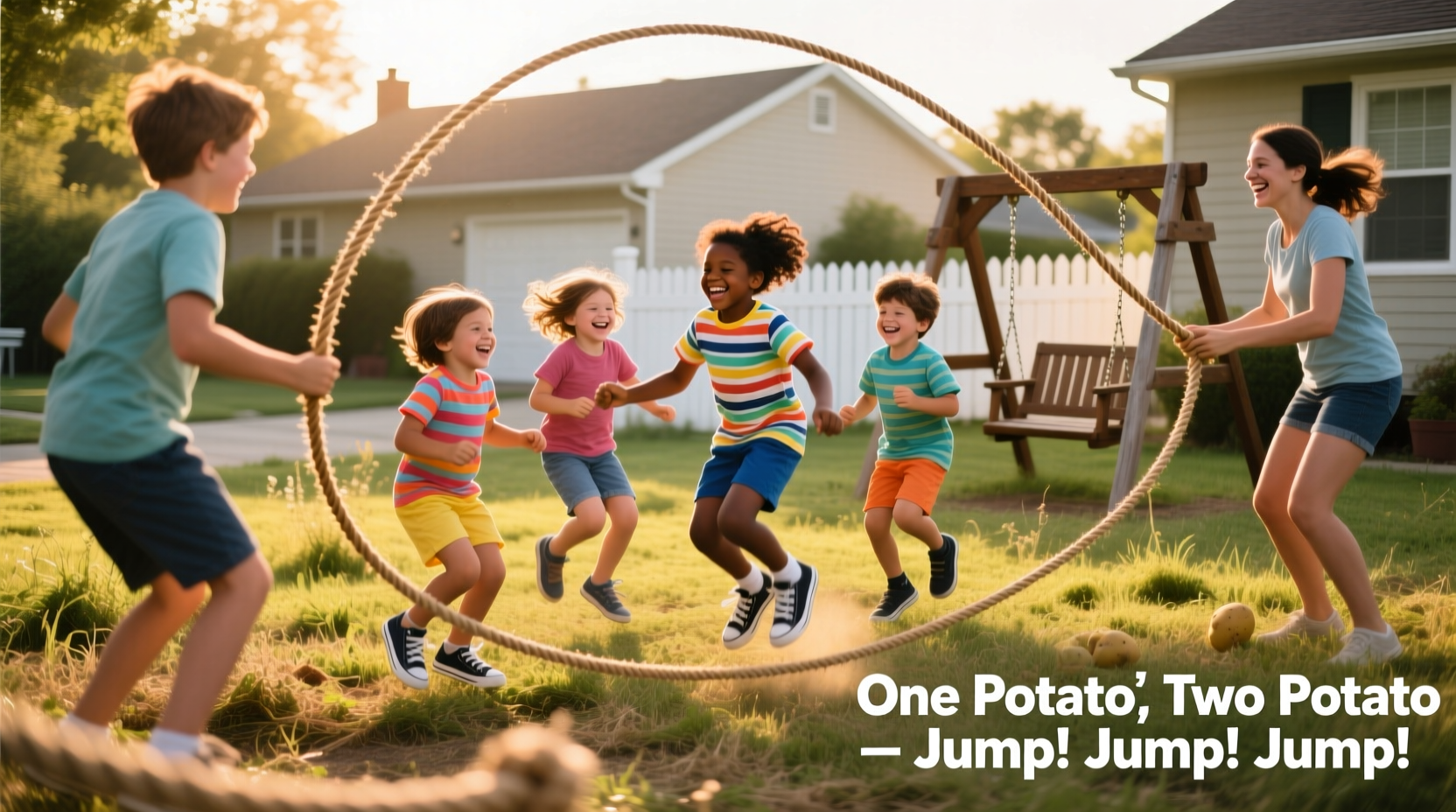Children playing one potato two potato jump rope game