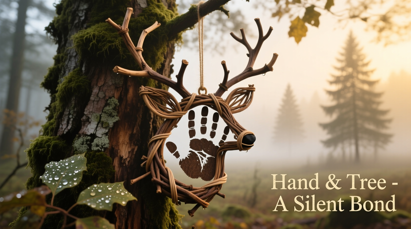 Handprint reindeer ornament with natural twigs on tree