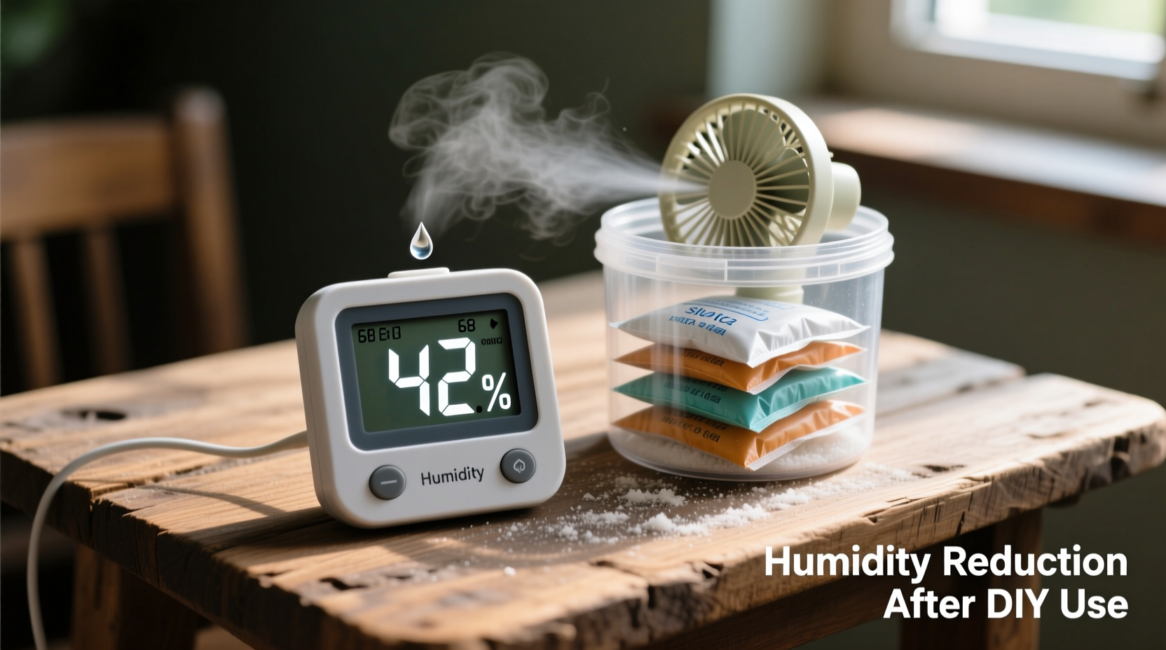 Humidity meter showing reduction after DIY dehumidifier use