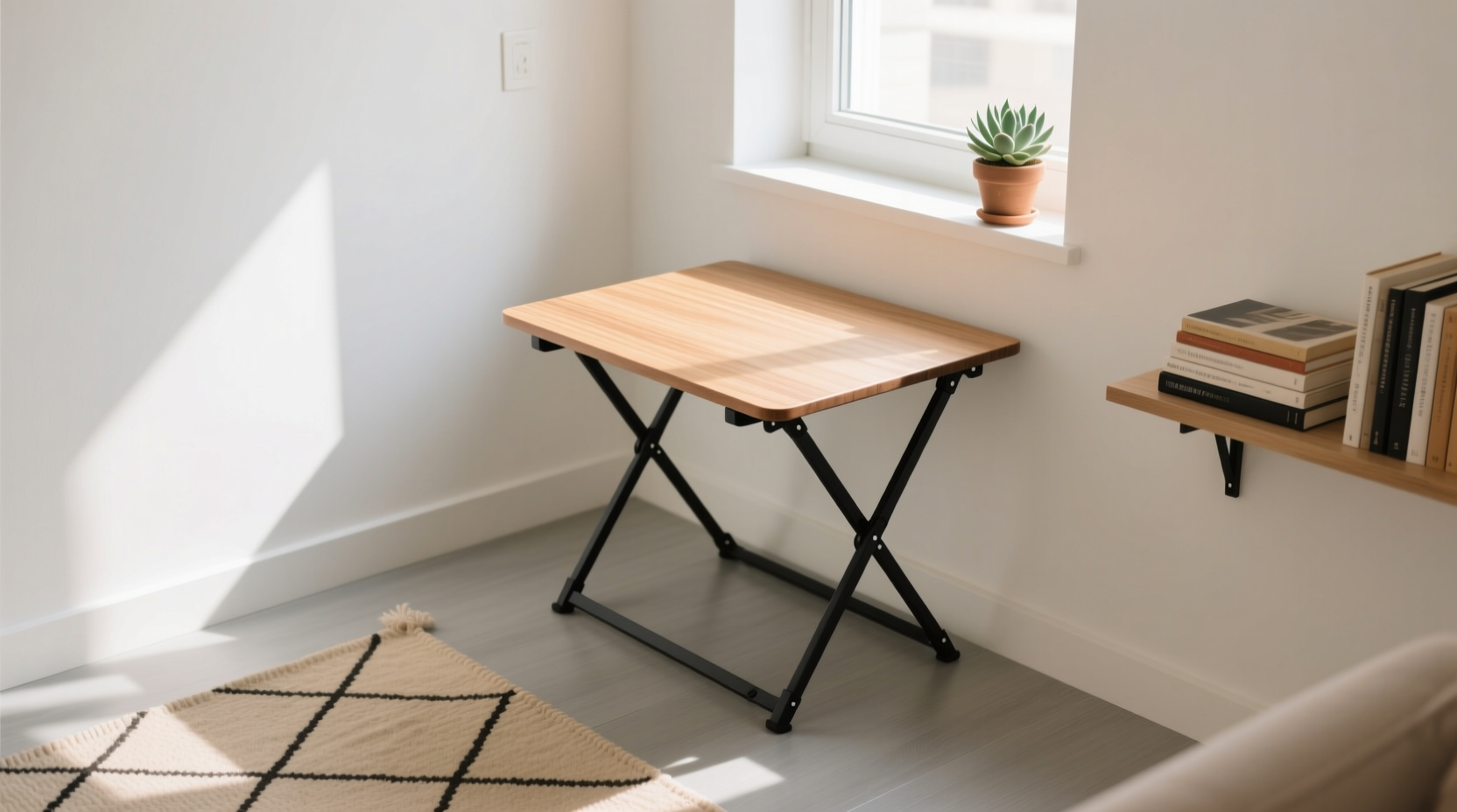 Collapsible craft table folded against wall in small apartment