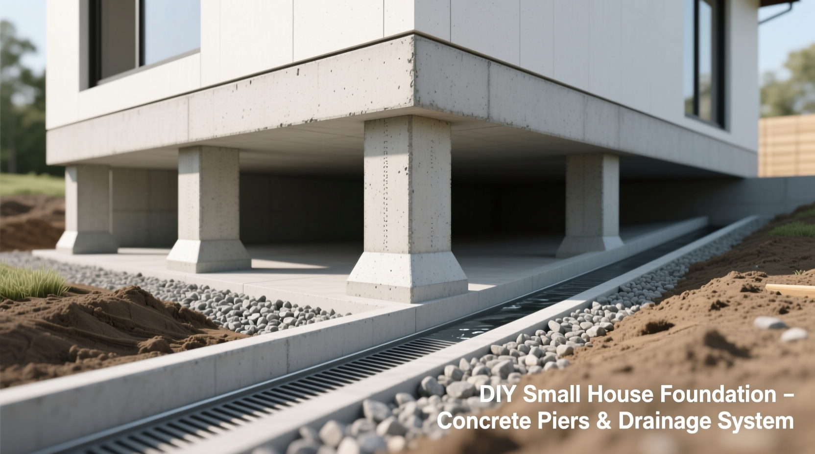 DIY small house foundation on concrete piers with drainage