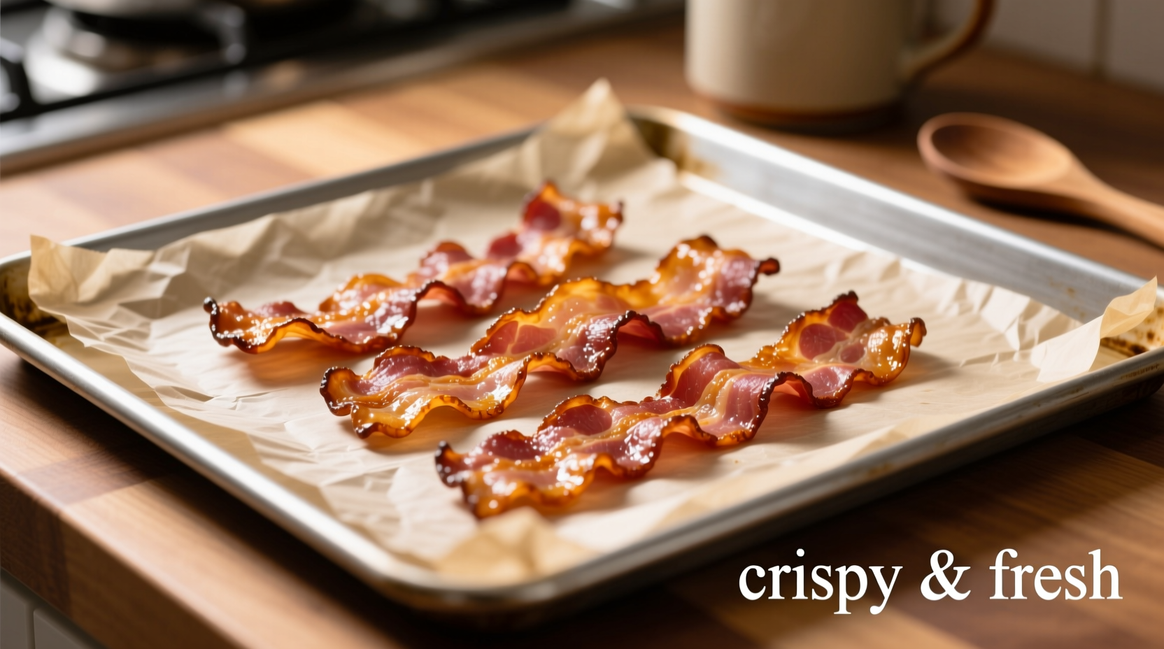 Crispy bacon strips on parchment-lined baking sheet