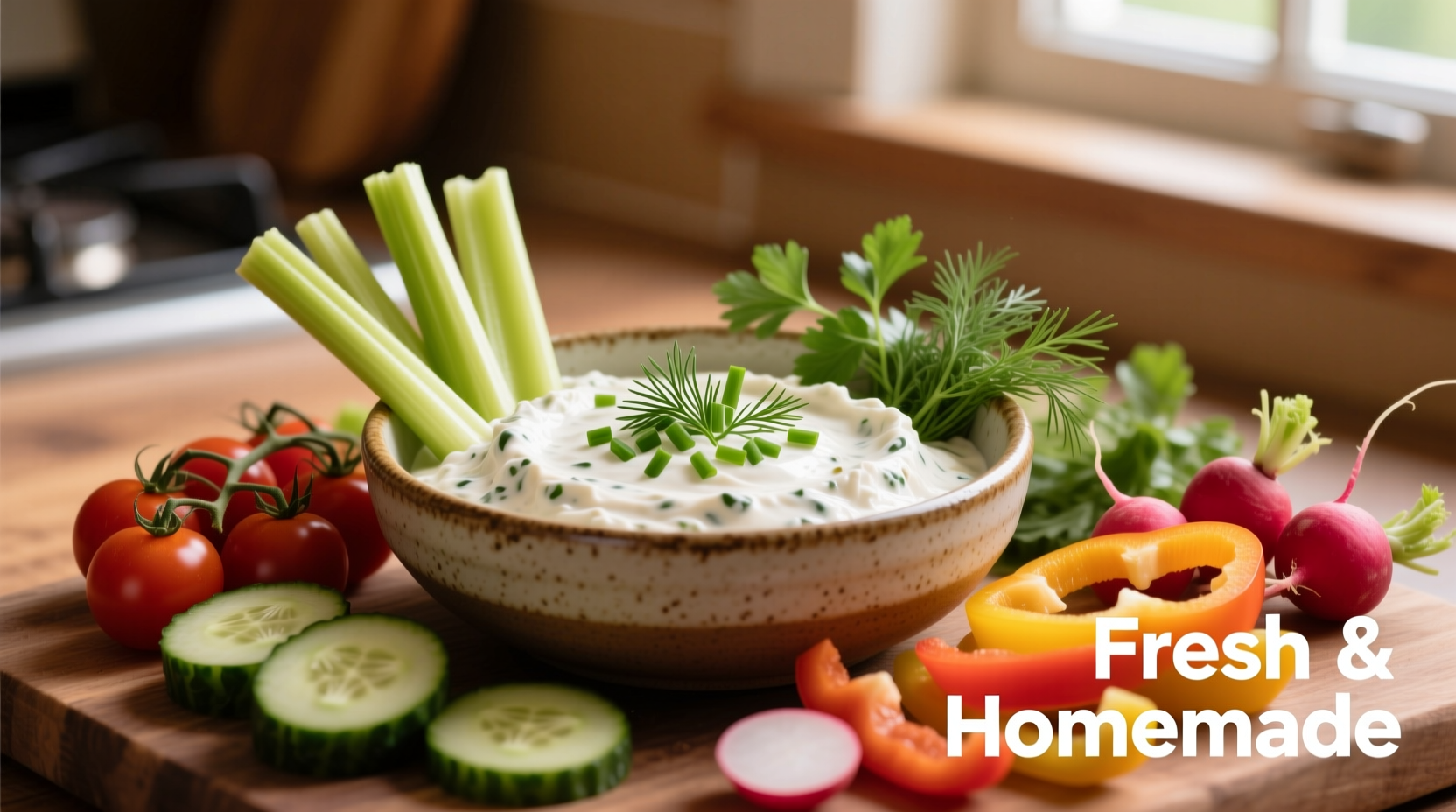 Homemade ranch dip in bowl with fresh herbs and vegetable dippers