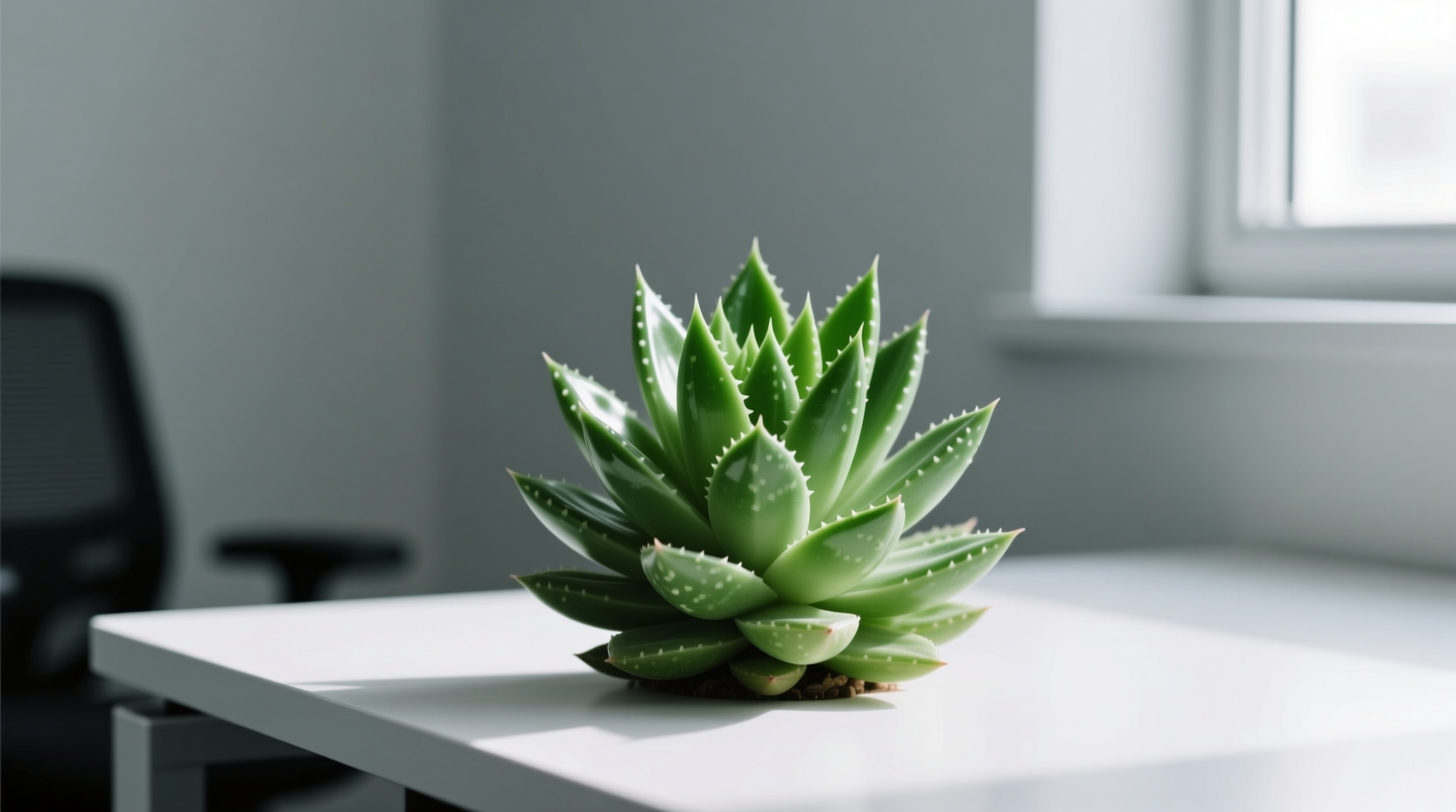 Healthy green Haworthia thriving in low-light office setting - color irrelevant for beginner care success