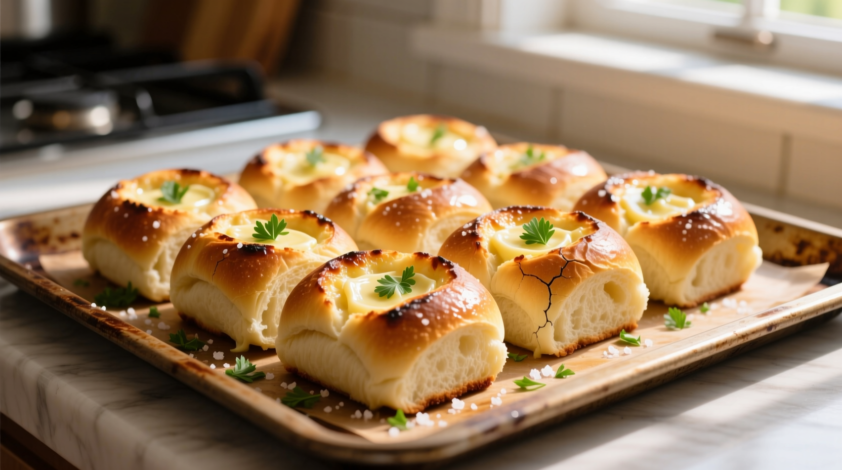 Golden garlic bread made with Hawaiian rolls on baking sheet