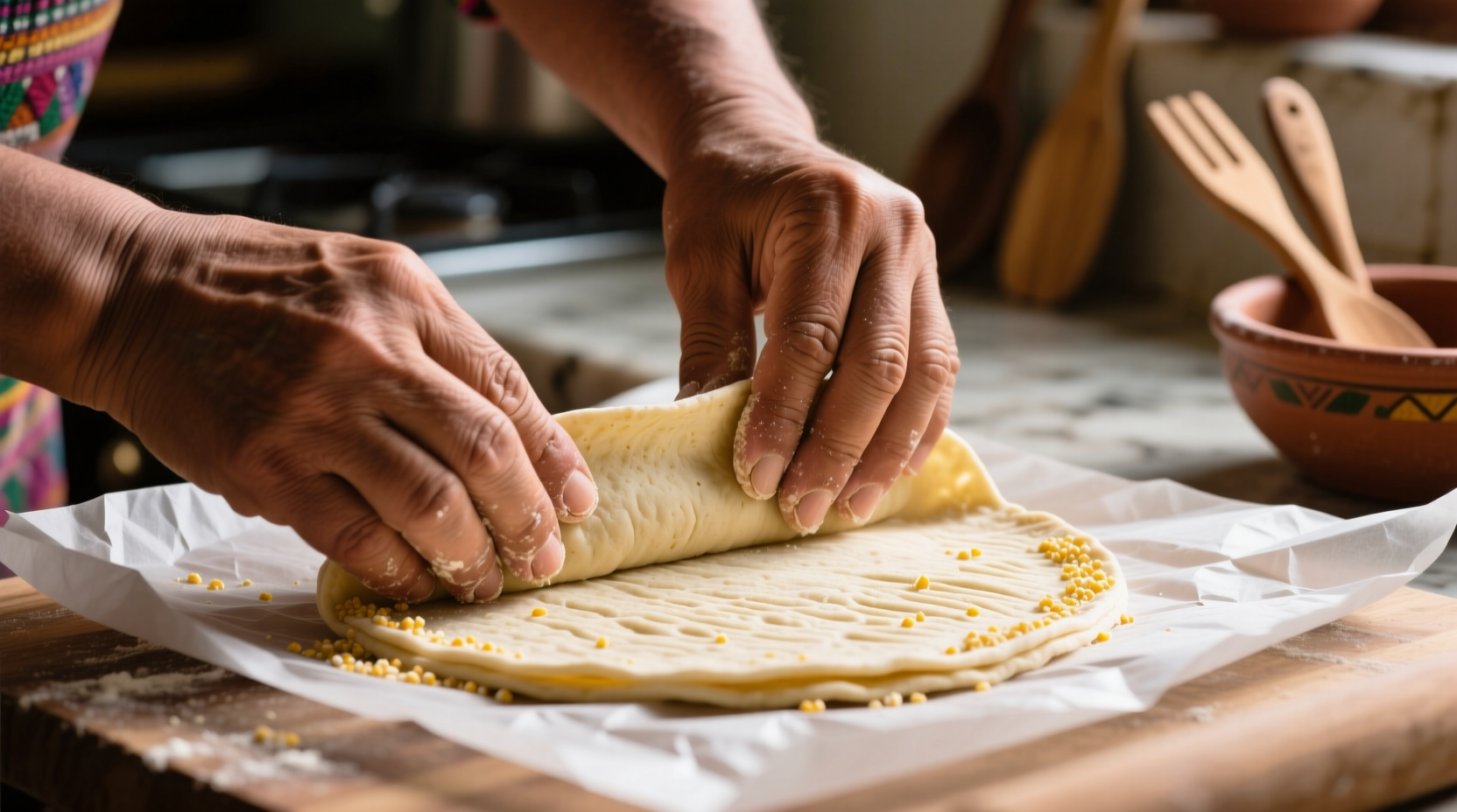 Hands pressing corn tortilla dough between parchment paper