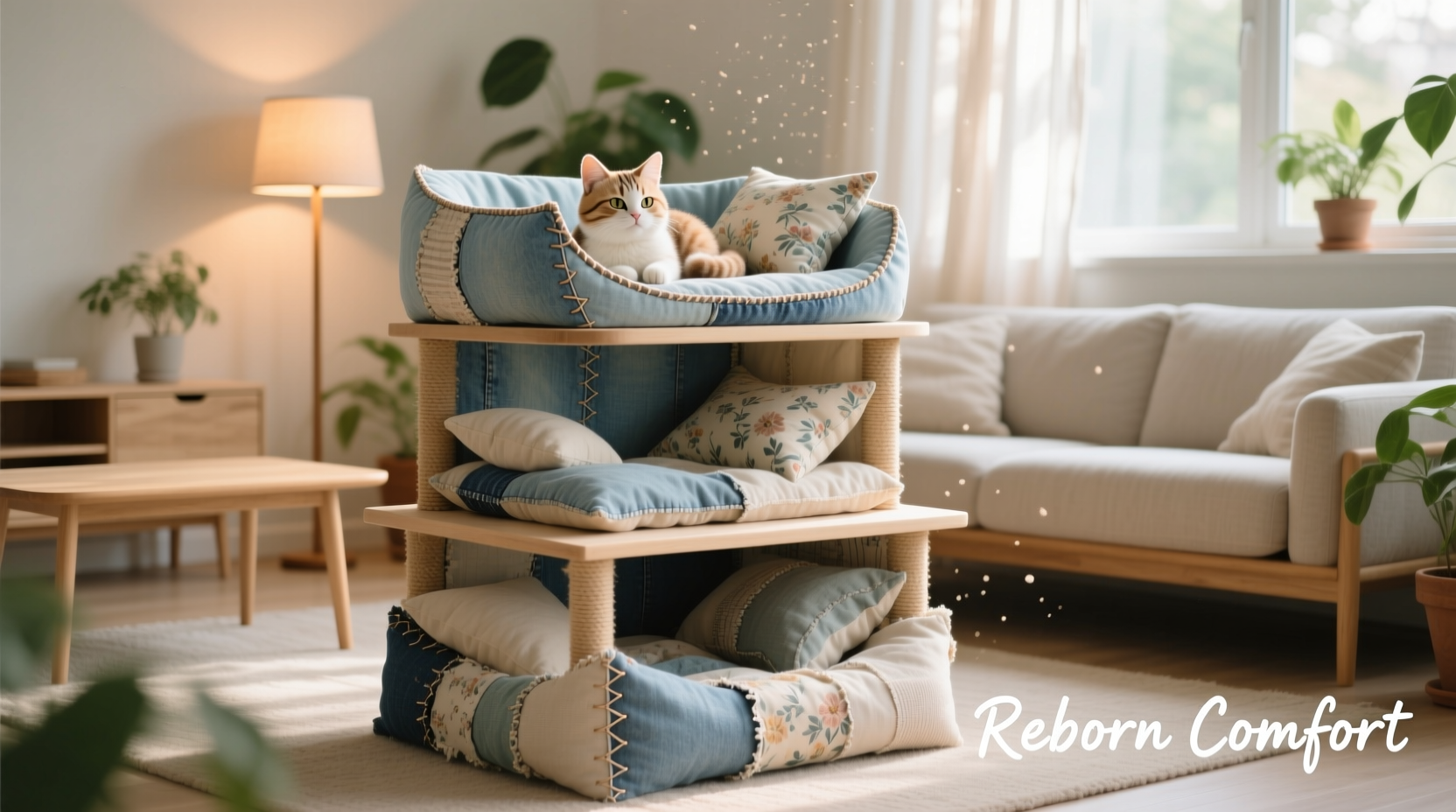 Three-tiered upcycled pillow cat bed in living room