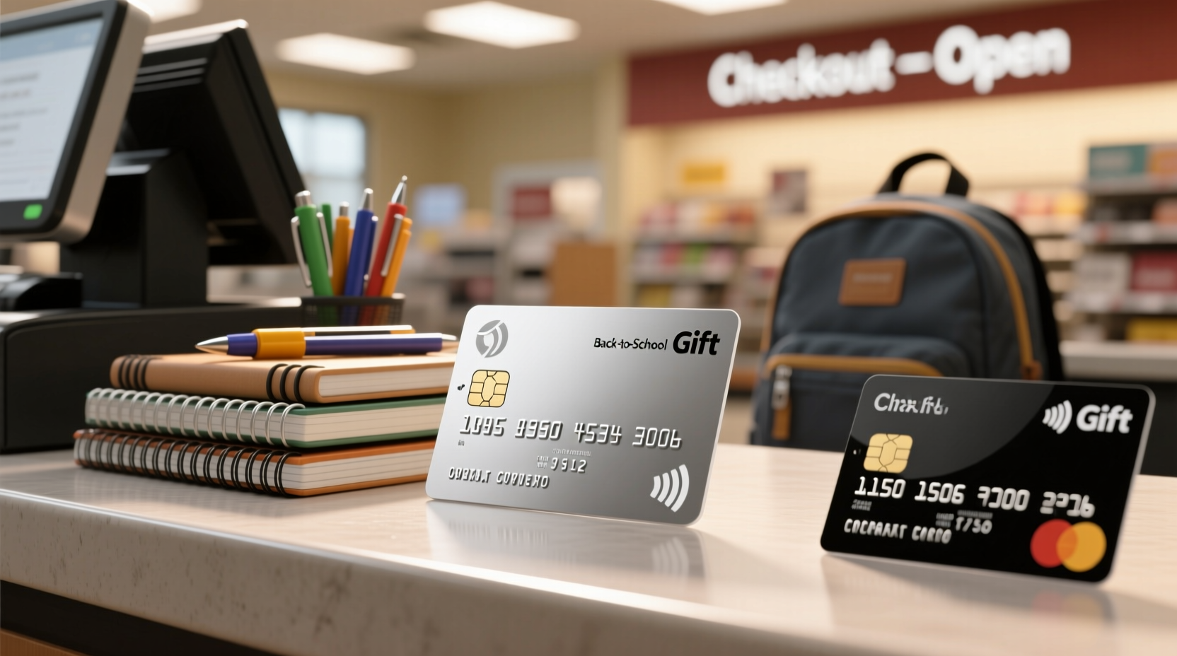 Back-to-school shopping scenario demonstrating multi-card payment at retail checkout to avoid small balance waste