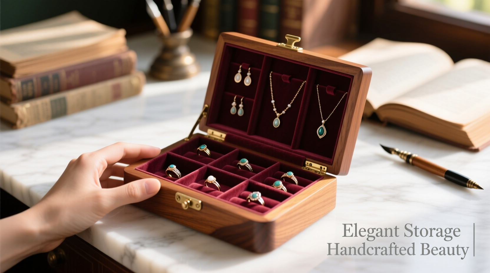 Hand holding craft board jewelry organizer with velvet lining and compartments