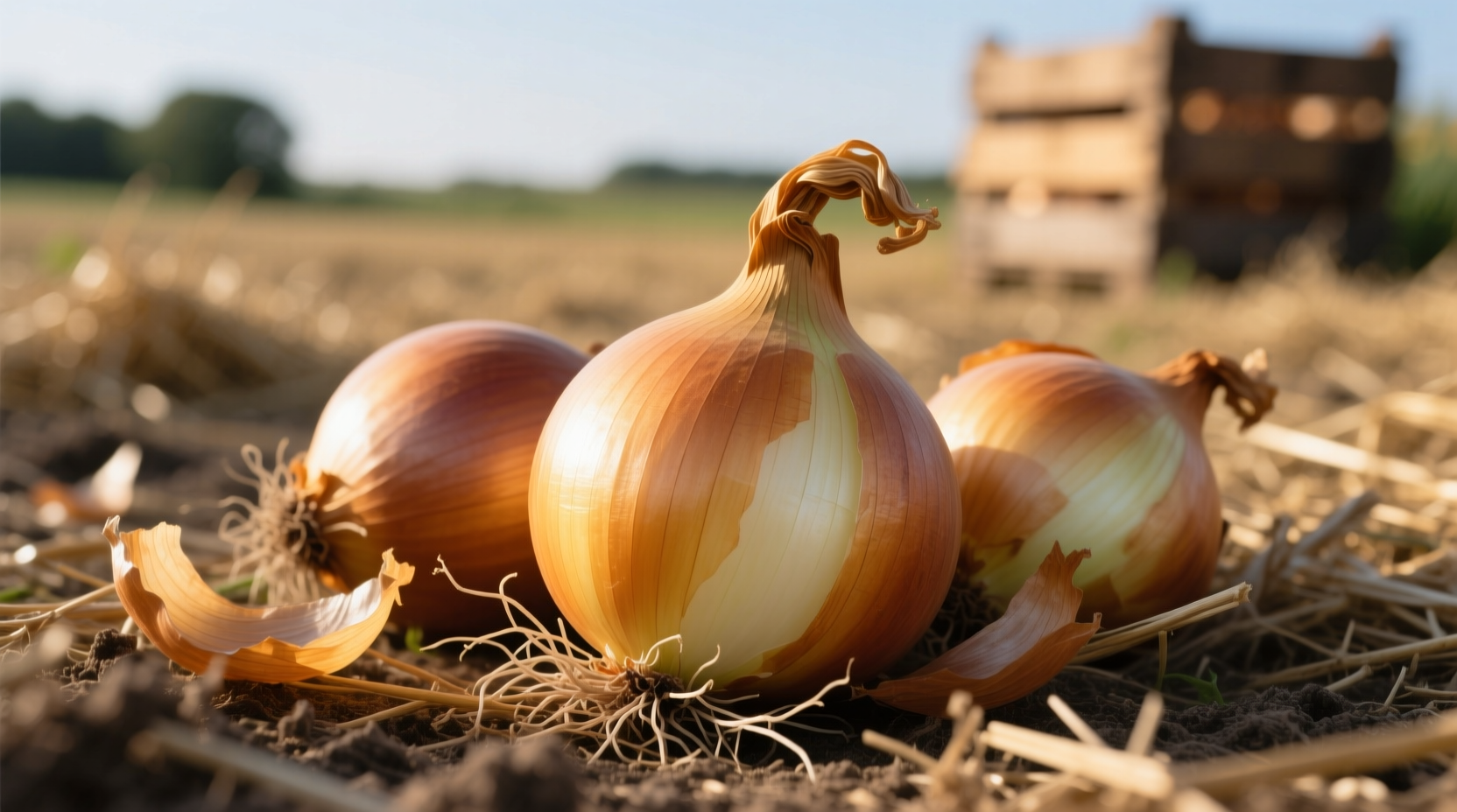 Close-up of mature onions with fallen tops ready for harvest