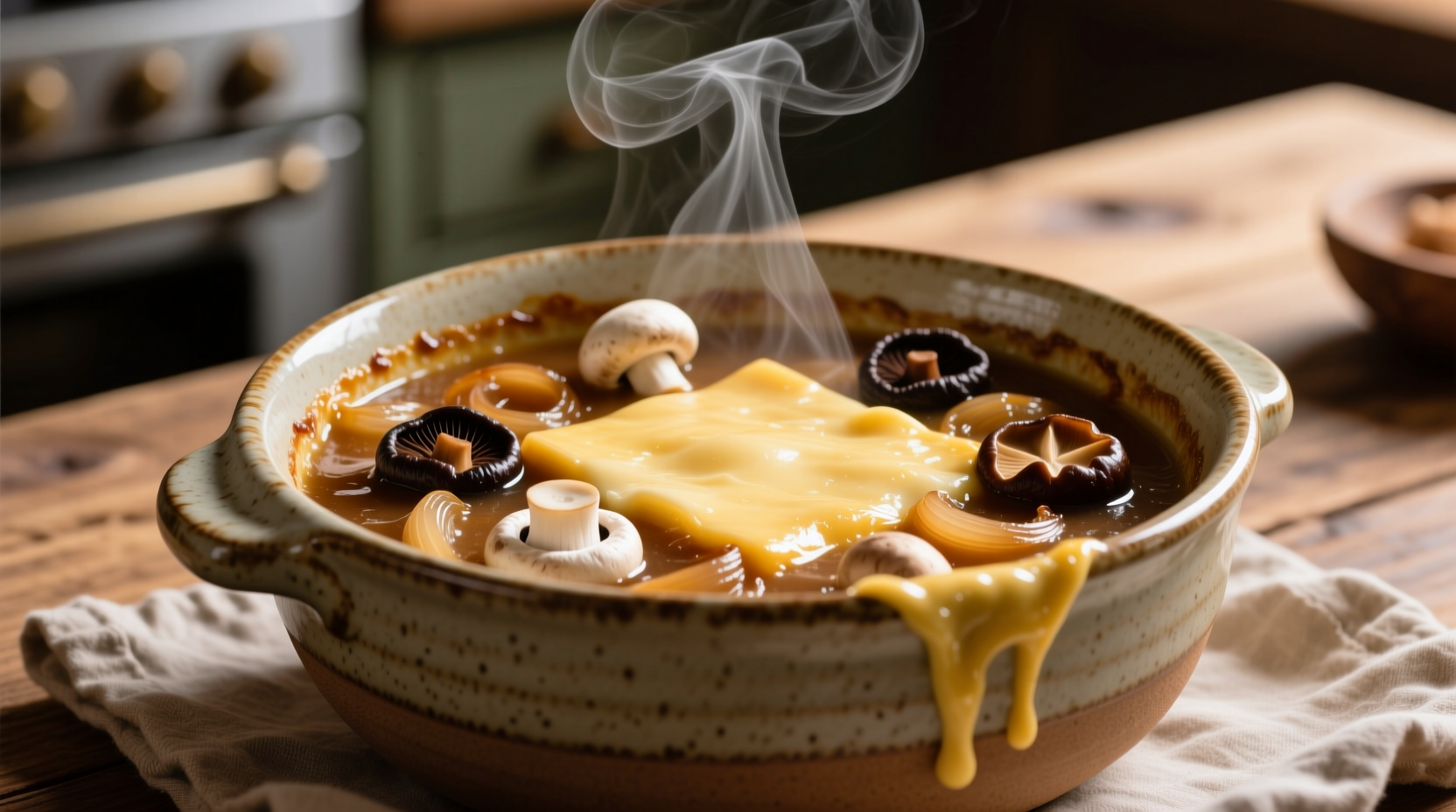 Mushroom French onion soup in ceramic bowl with melted cheese topping