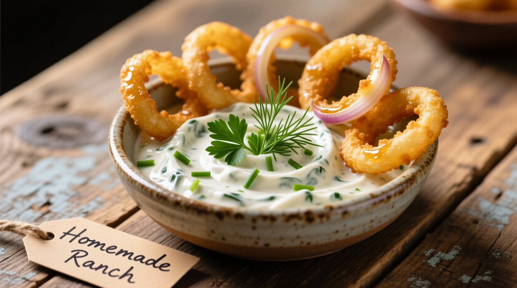 Homemade ranch dip with golden onion rings