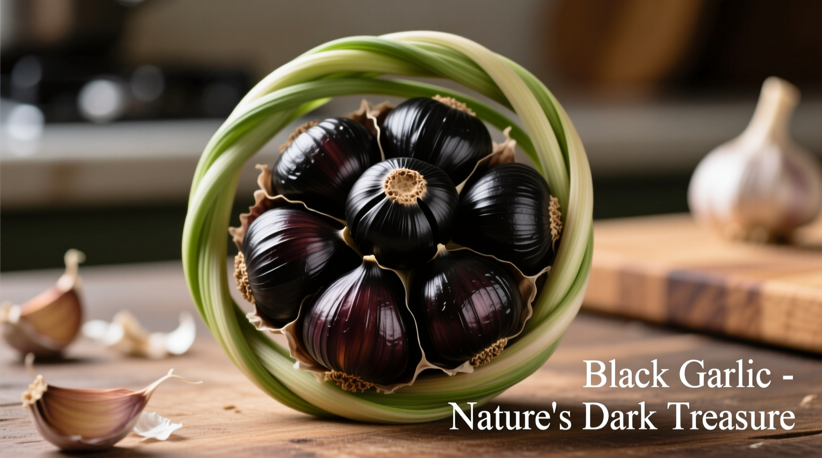 Close-up of black garlic bulbils in garlic scape