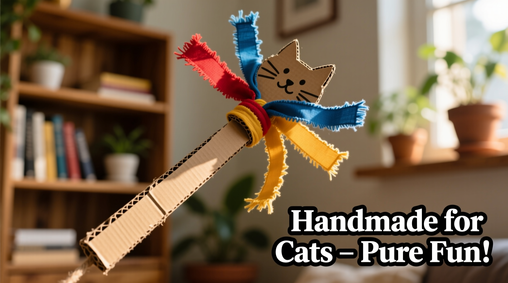 Homemade cat teaser wand with cardboard handle and fabric strips