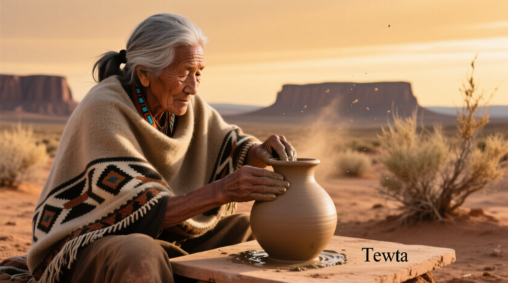 Native American potter shaping clay vessel with traditional techniques