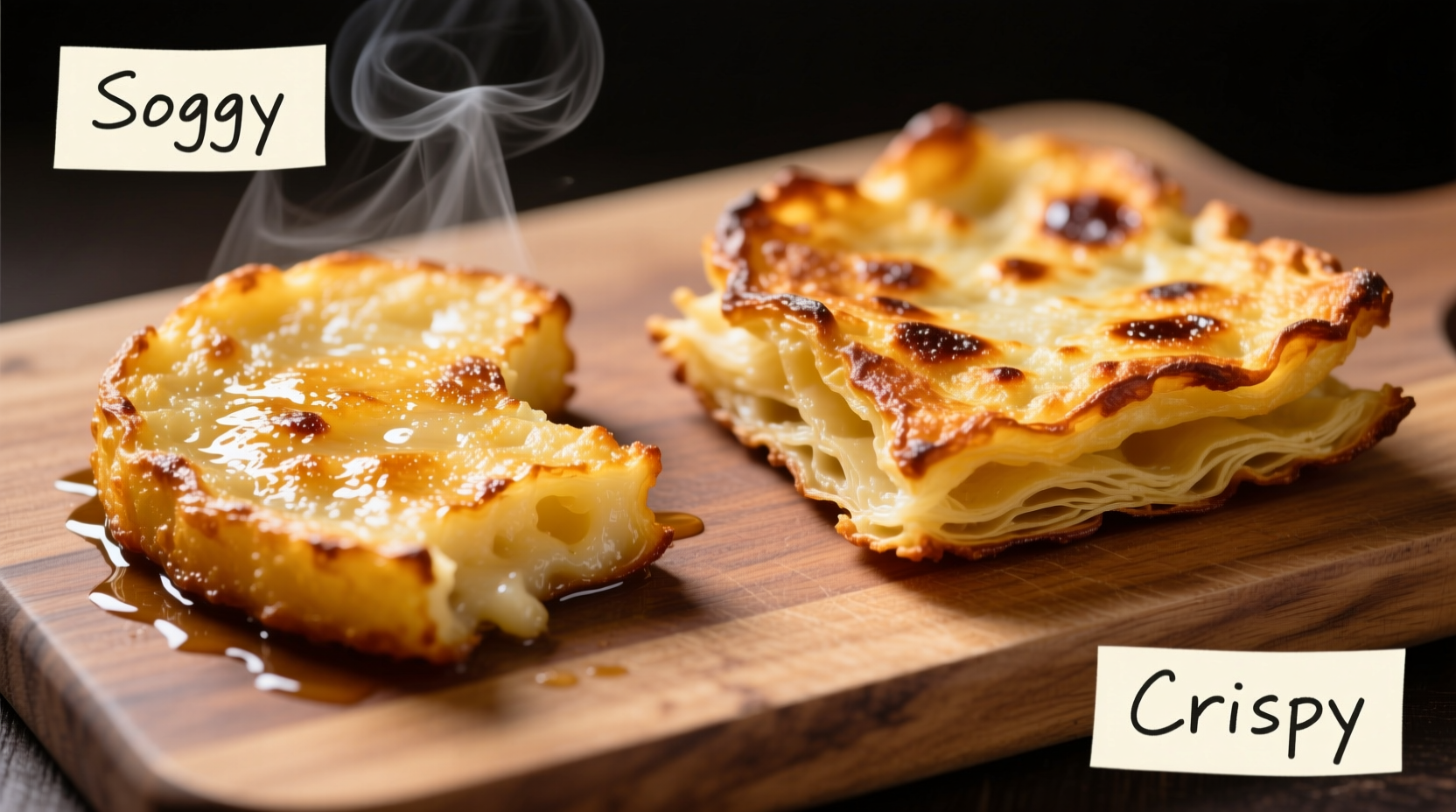 Side-by-side comparison of soggy versus crispy golden homemade hash browns
