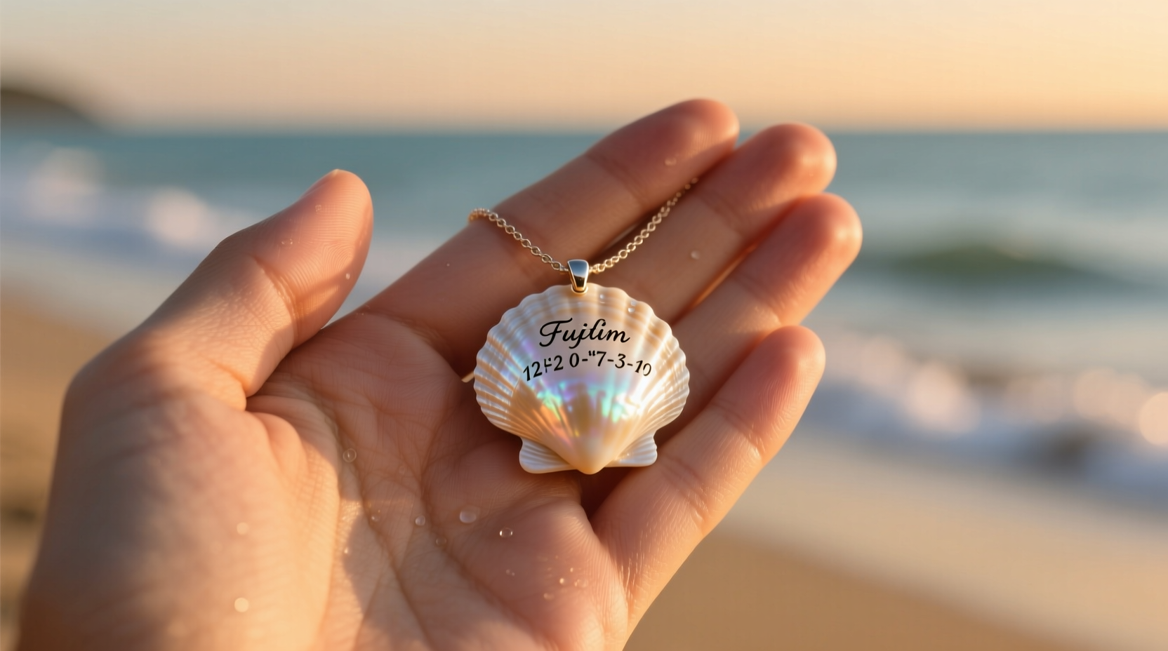 Hand holding personalized shell necklace with engraved coordinates