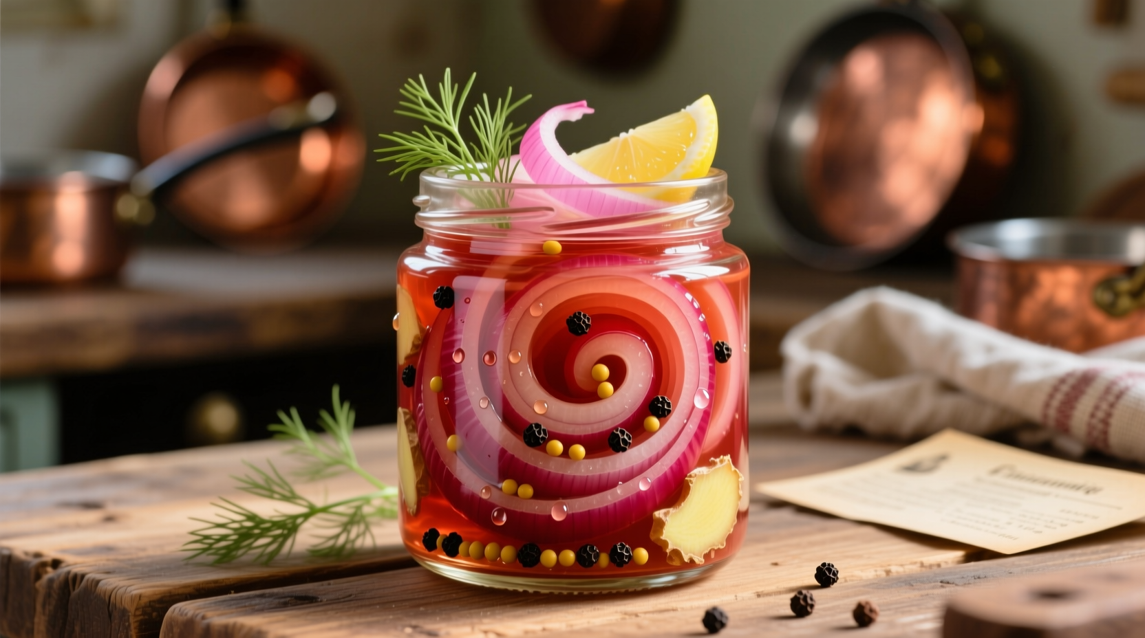 Crisp red pickled onions in glass jar with spices