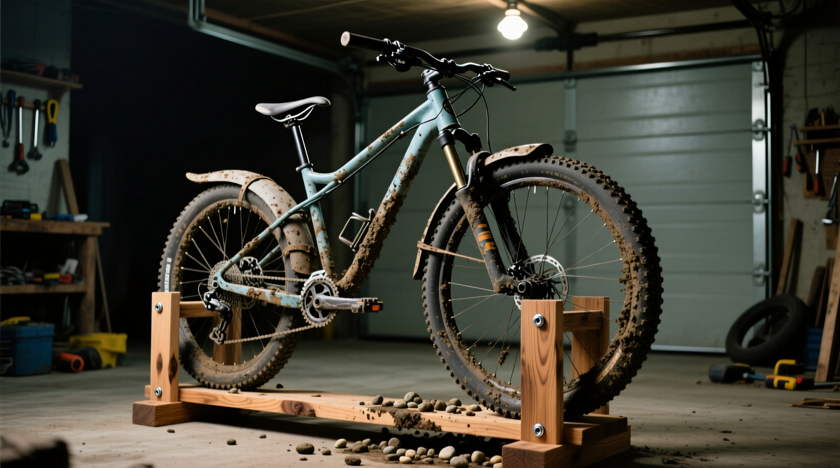 DIY bicycle stand holding mountain bike with mudguards