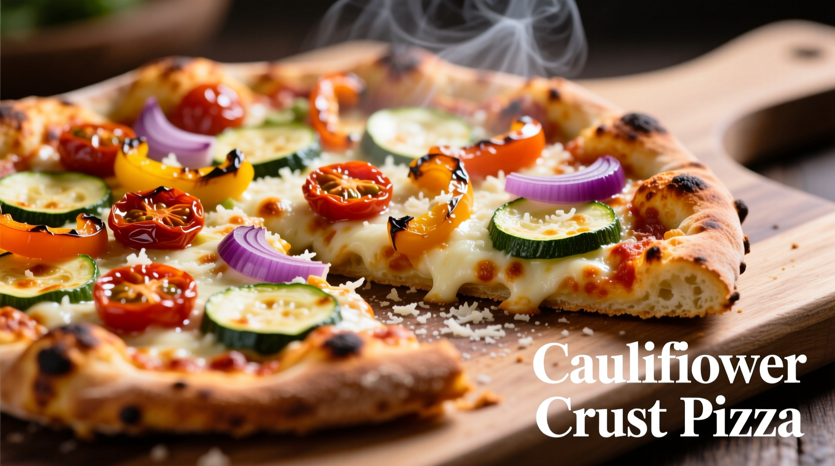 Cauliflower pizza crust topped with vegetables and cheese
