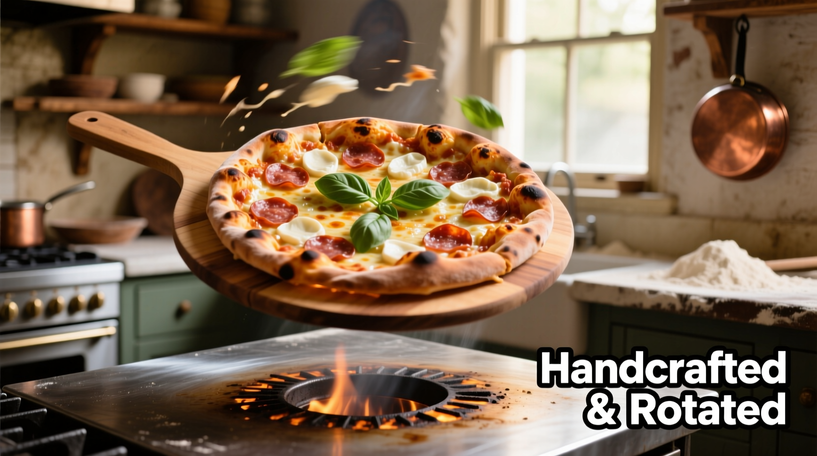 Rotating homemade pizza on baking steel with peel