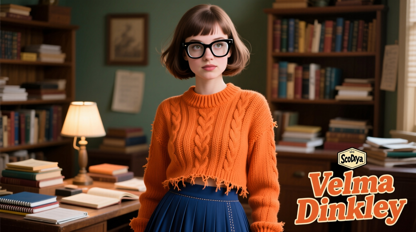 DIY Velma costume materials including orange sweater, skirt, and glasses