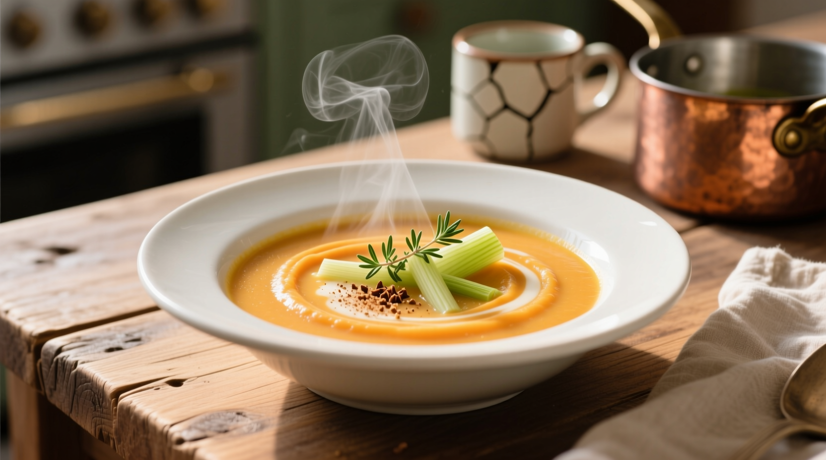 Creamy sweet potato leek soup in white bowl