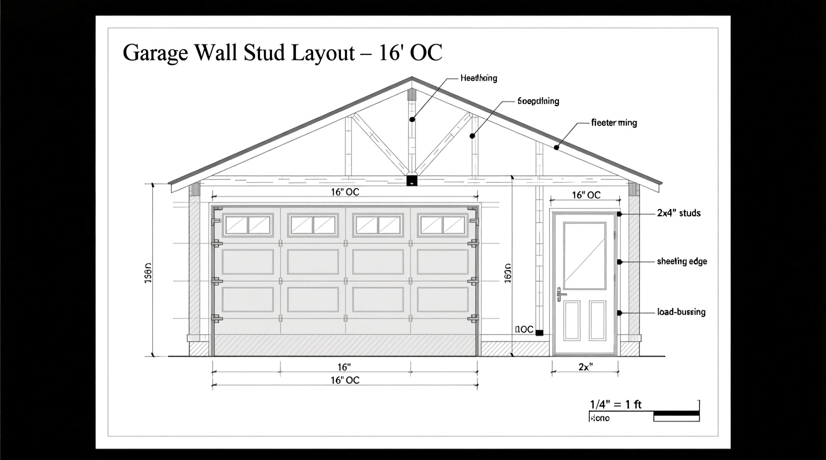 Garage wall measurement diagram showing stud locations