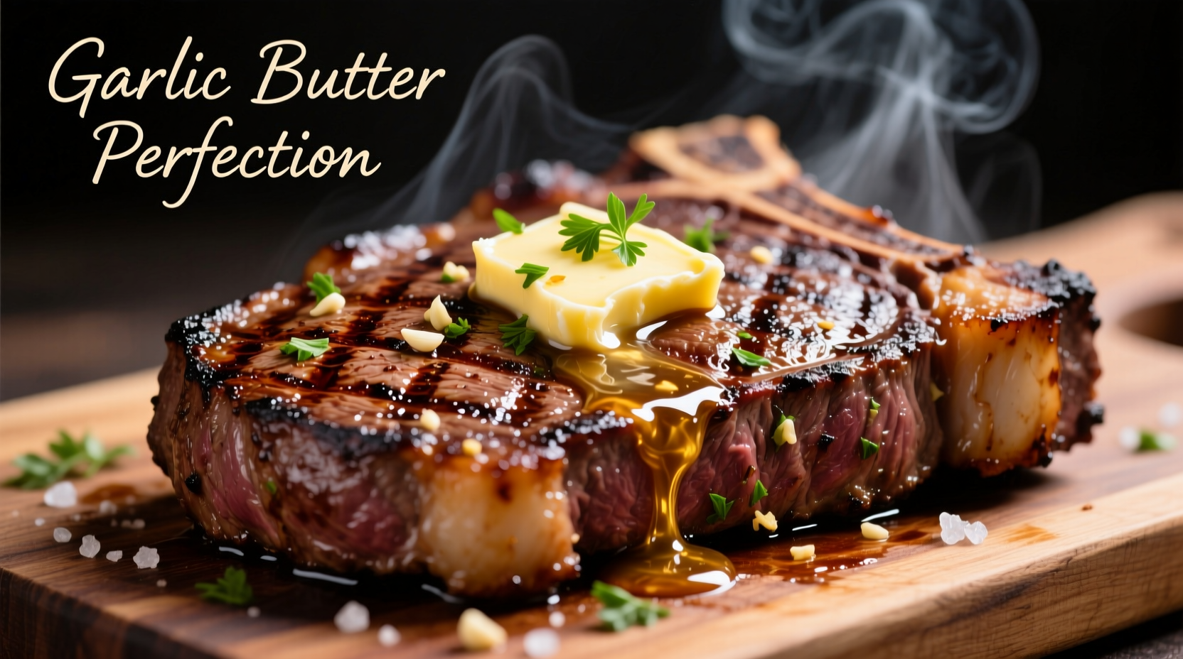 Homemade garlic butter melting over grilled ribeye steak