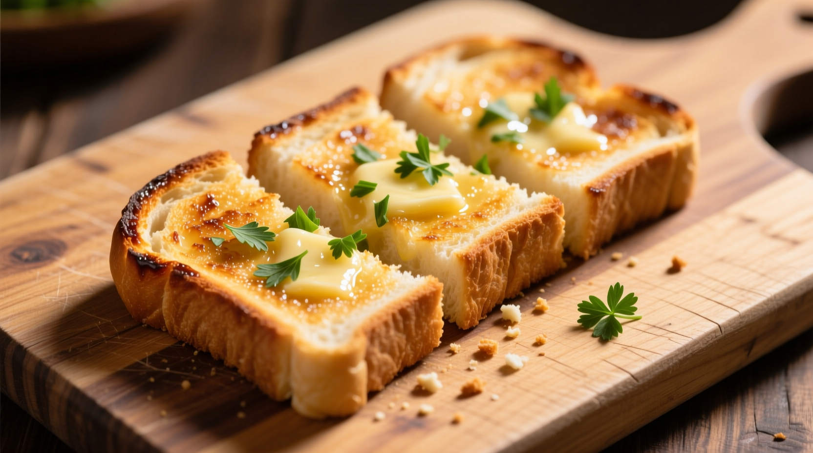 Golden garlic bread toast on wooden cutting board