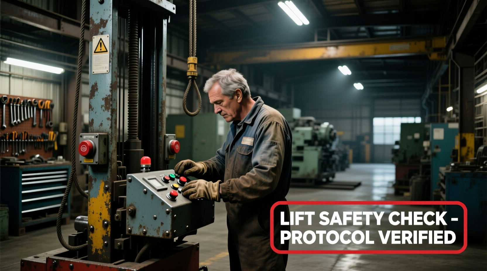 Mechanic checking lift safety protocols in workshop