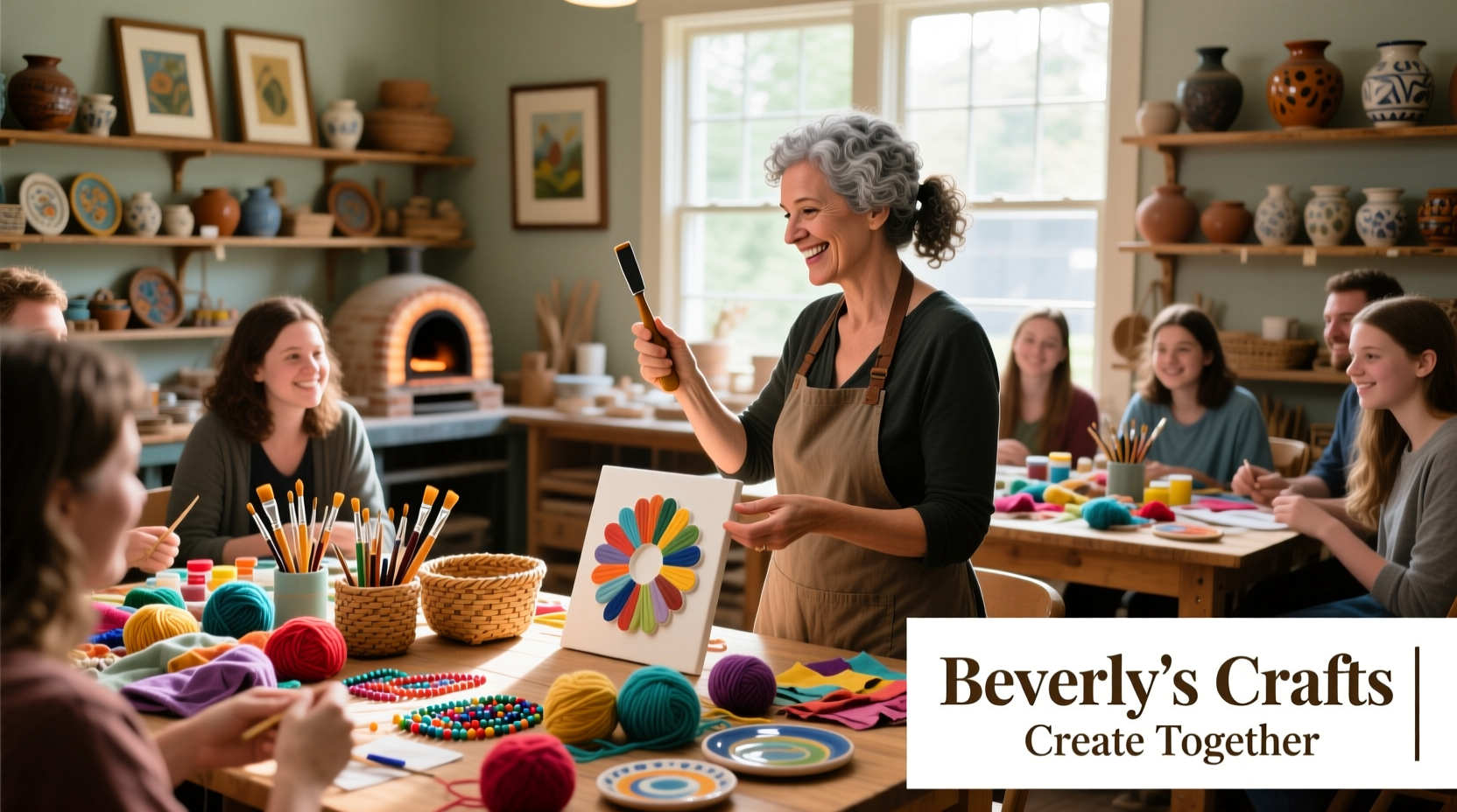 Group crafting workshop with instructor at Beverly's Crafts