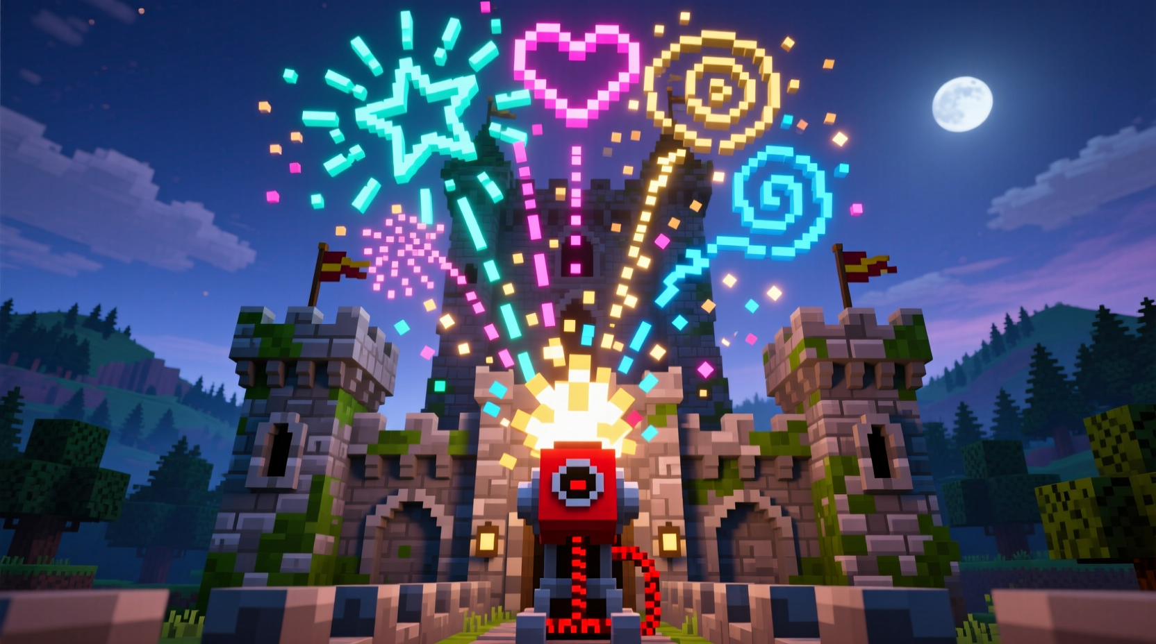 Minecraft fireworks display over castle with dispenser launcher