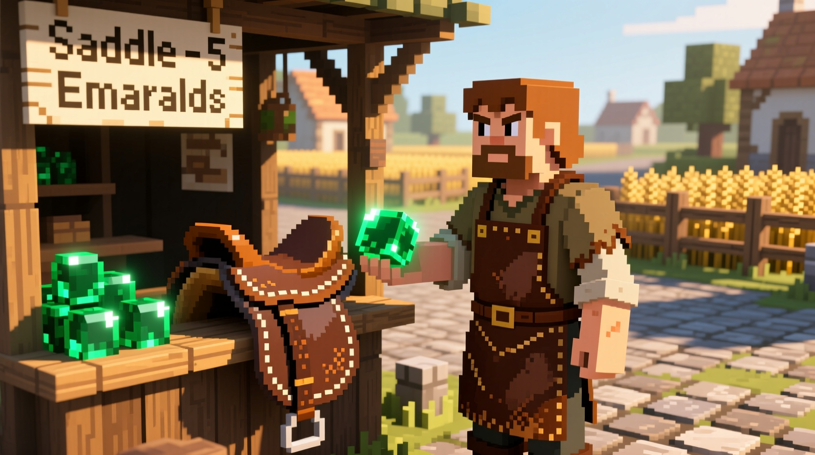 Leatherworker villager trading saddle for emeralds in Minecraft