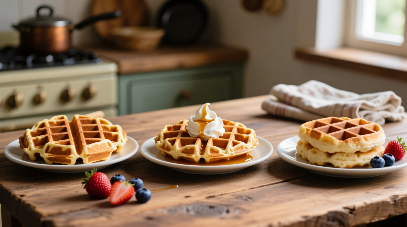 three types of homemade waffles comparison