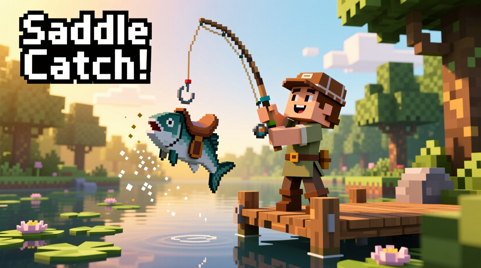 Player catching saddle while fishing in Minecraft