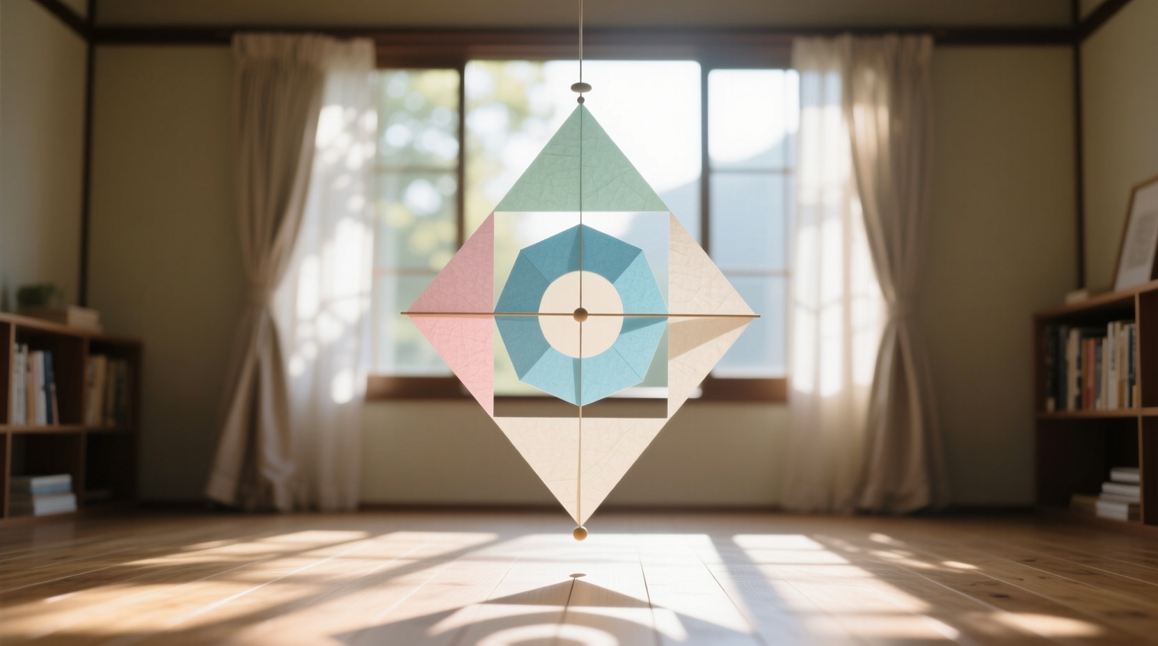 Geometric paper mobile hanging from ceiling with sunlight