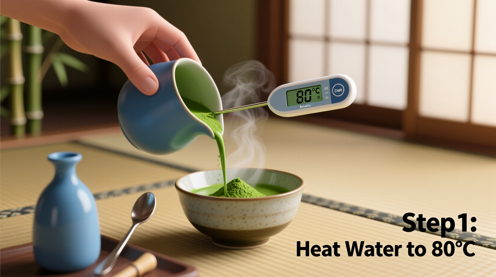 Step-by-step Blue Bottle Craft Matcha preparation with thermometer