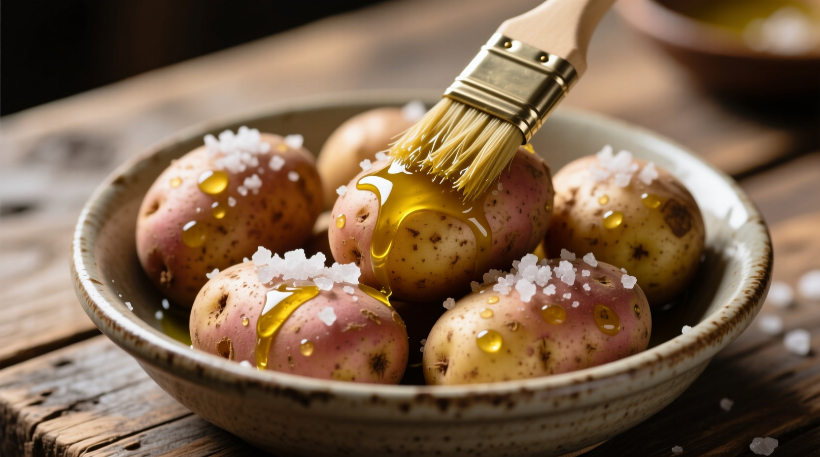Russet potatoes prepared for baking with oil and salt