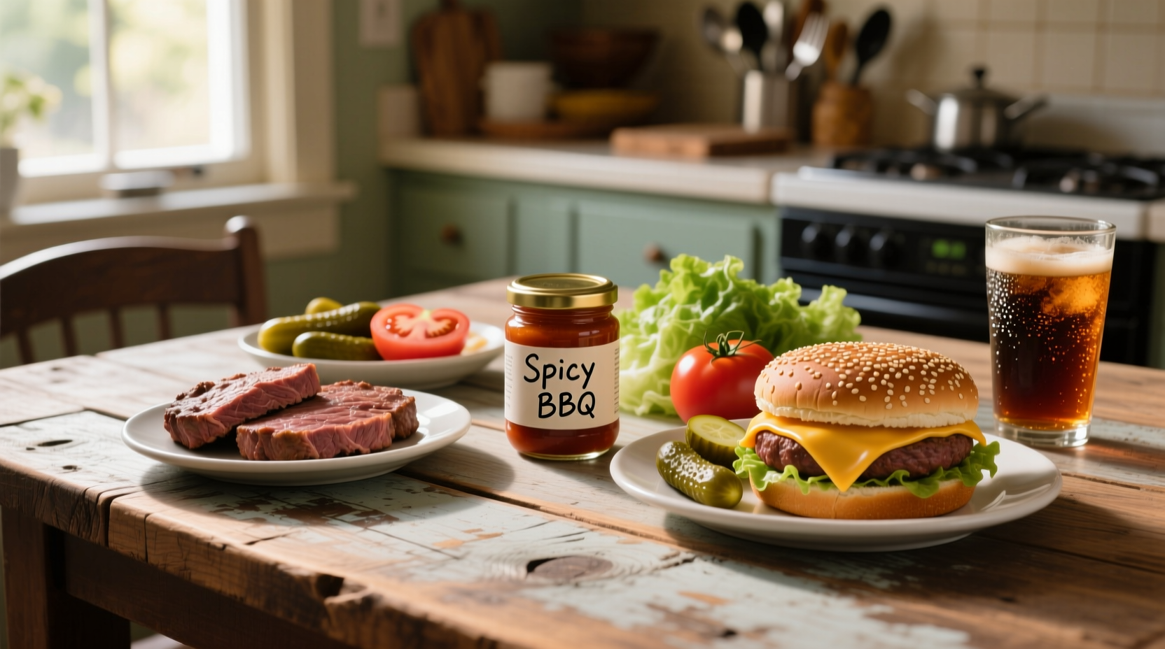 Homemade manwich ingredients arranged on wooden table