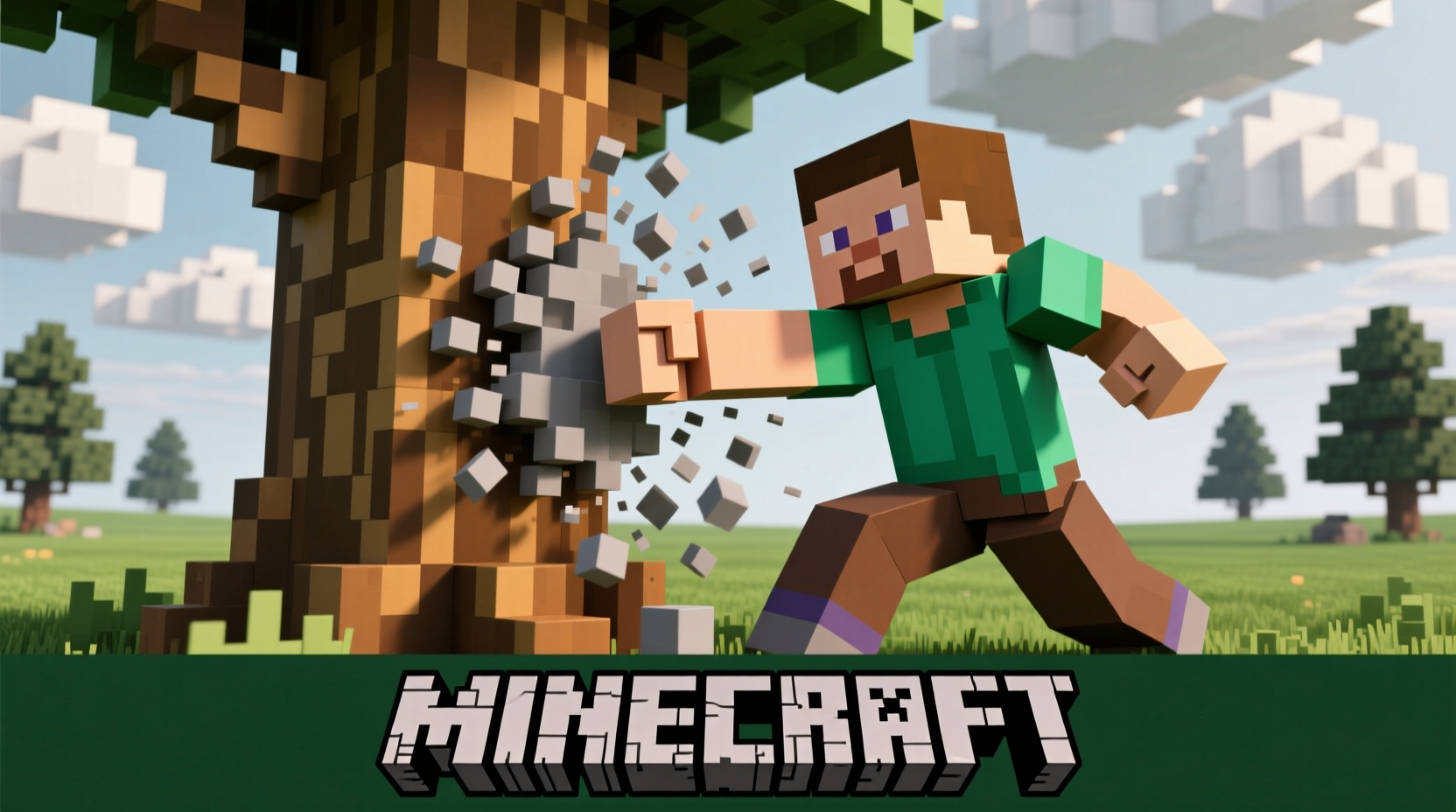 Player punching tree trunk with bare hands in Minecraft