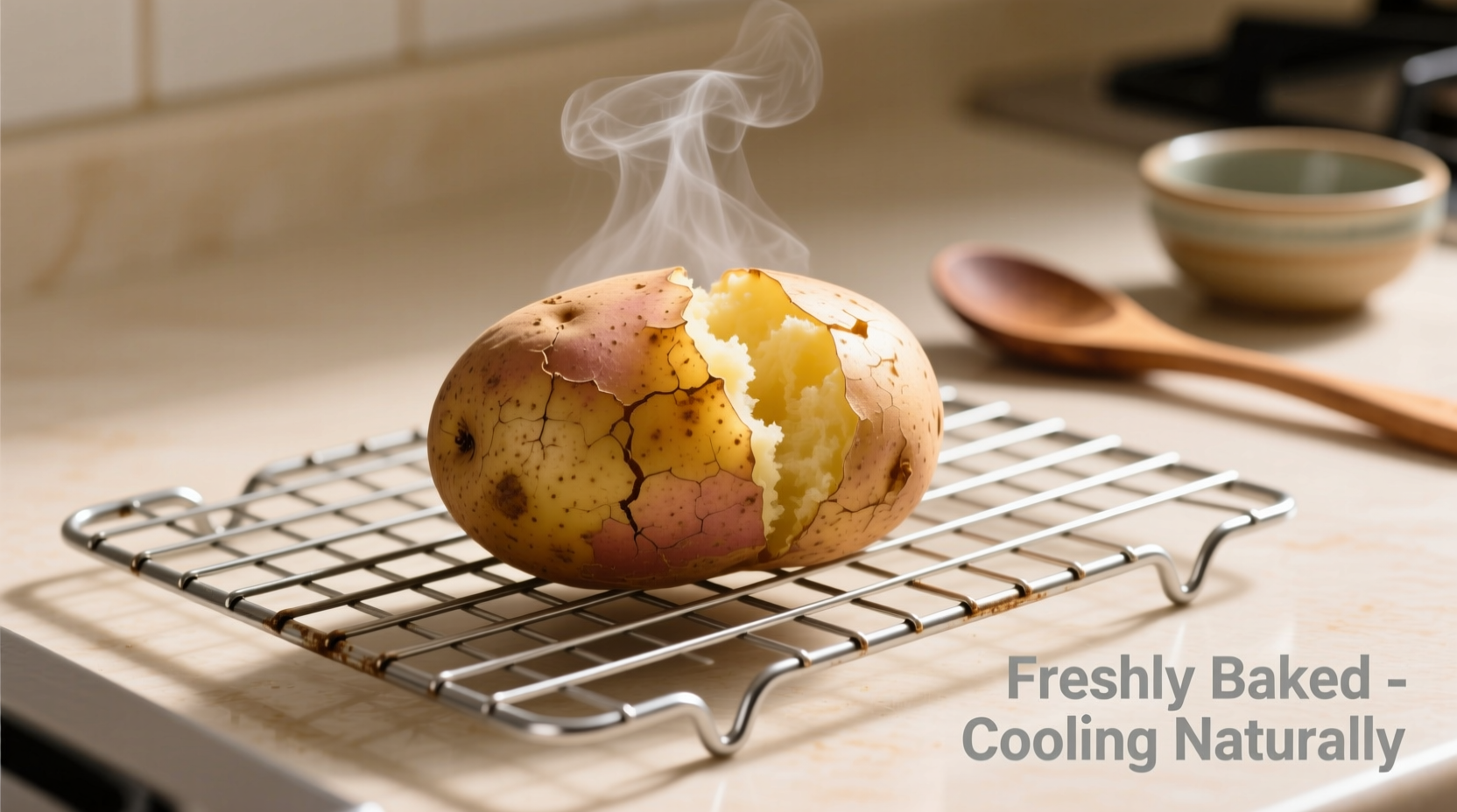 Freshly baked potato cooling safely on a wire rack